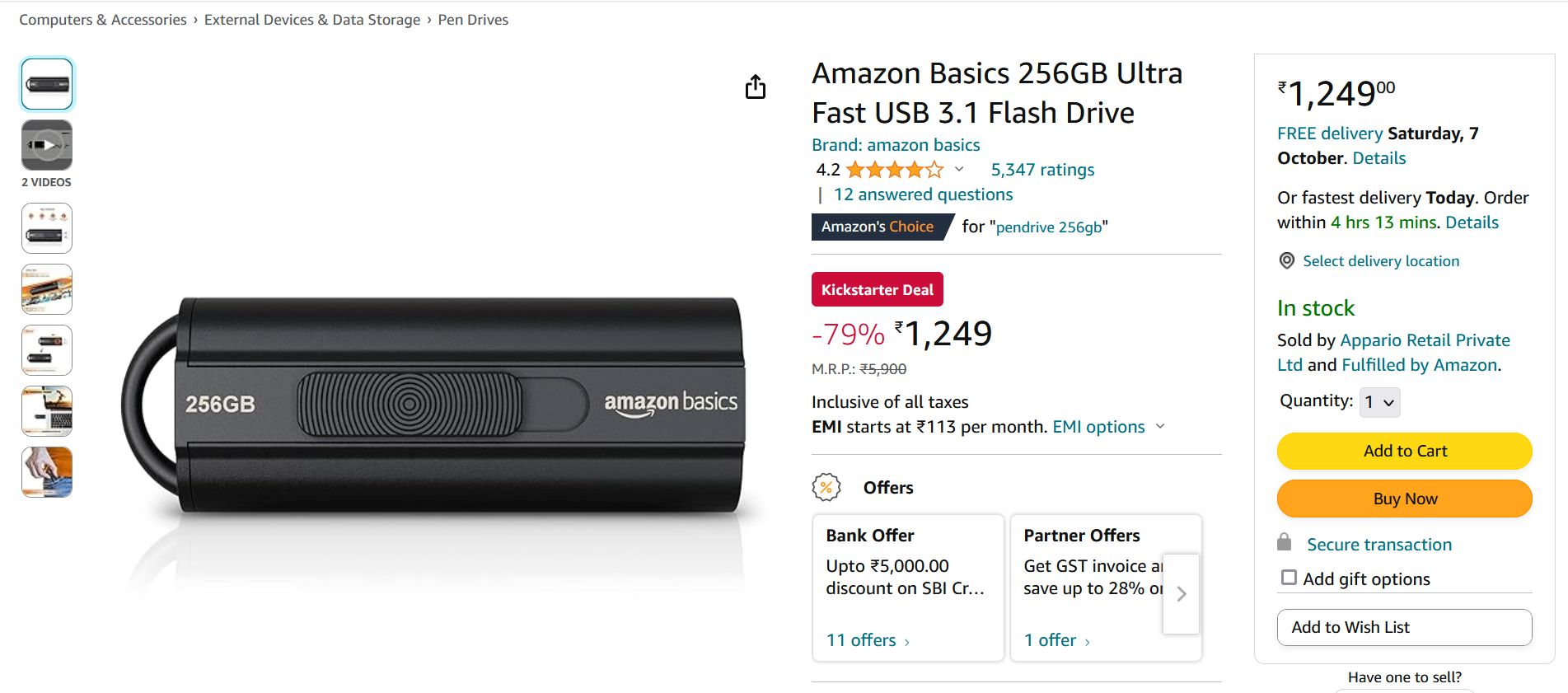 Amazon Basics 256GB Ultra Fast USB 3.1 Flash Drive